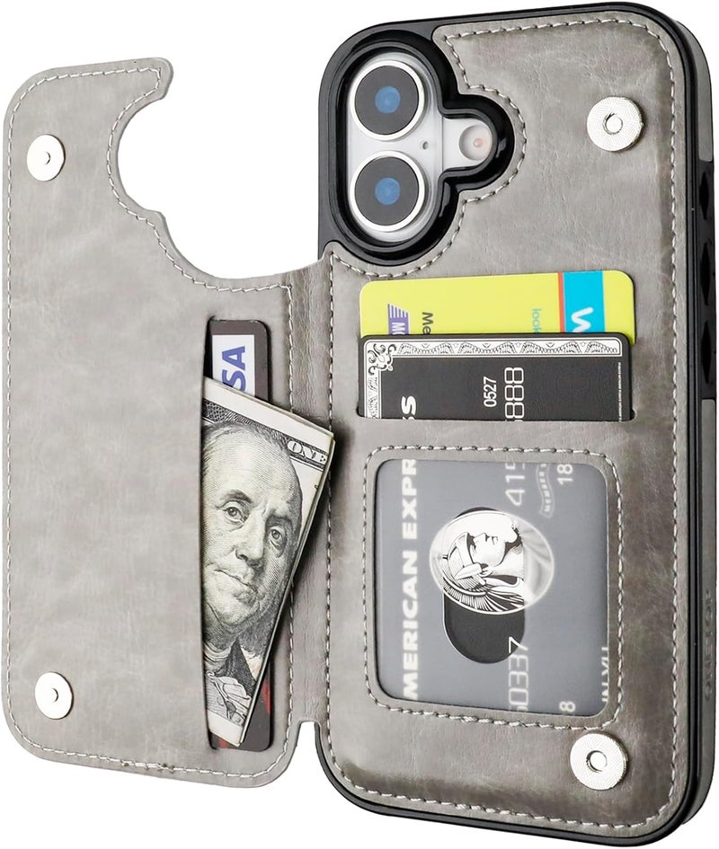 OT ONETOP ONETOP Compatible with iPhone 17 Wallet Case with Card Holder, PU Leather Kickstand Card Slots Case, Double Magnetic Clasp and Durable Shockproof Cover 6.3 Inch (Gray) - Image 1